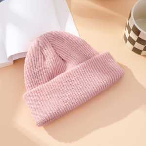 Unisex Ribbed Knitted Cuffed Winter Beanie - Pink