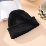 Unisex Ribbed Knitted Cuffed Winter Beanie - Black