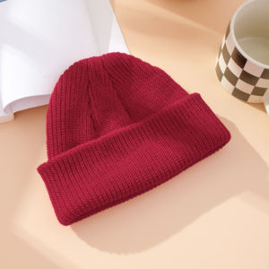 Unisex Ribbed Knitted Cuffed Winter Beanie - Red Wine