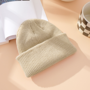 Unisex Ribbed Knitted Cuffed Winter Beanie - Beige