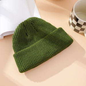 Unisex Ribbed Knitted Cuffed Winter Beanie - Olive