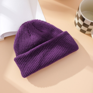 Unisex Ribbed Knitted Cuffed Winter Beanie - Purple